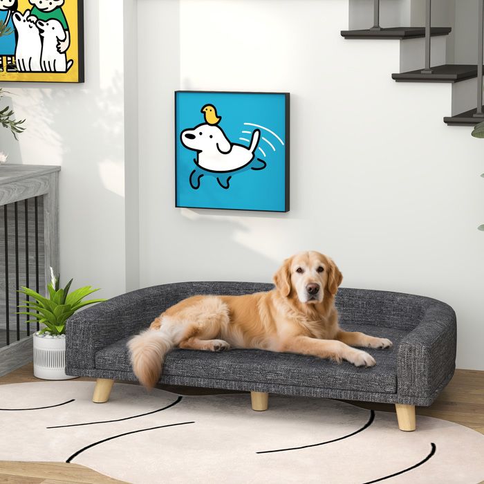 Canapé pour grands chiens 98 x 67 x 25 cm gris foncé lit surélevé avec coussin lavable pieds en bois charge max. 30 kg