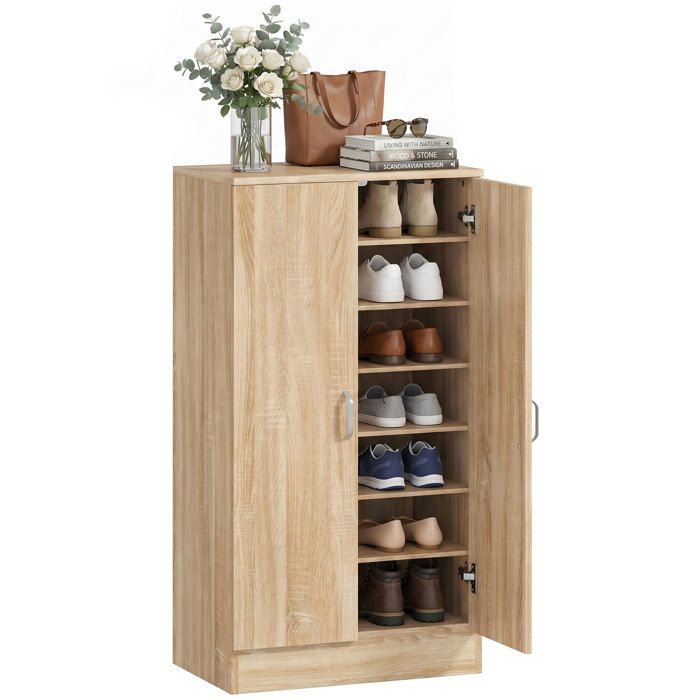 Meuble Chaussures en Bois Naturel 2 Portes - 6 Étagères Ajustables - Charnières Soft-Close - 55 x 35 x 108 cm
