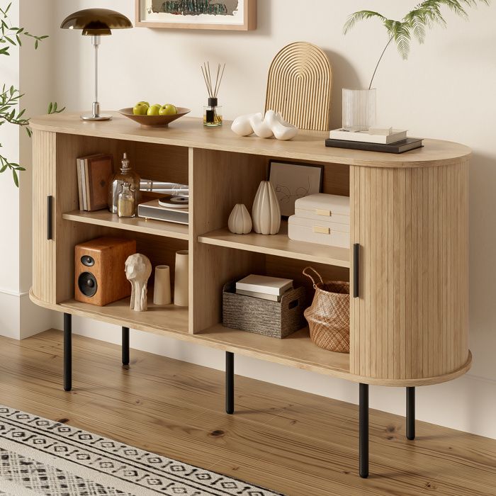 ROVRYN Buffet bas 140 x 40 x 78 cm en MDF portes coulissantes a rideau decor bois naturel et noir