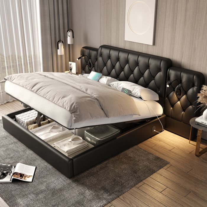 Cadre de lit coffre 160 x 200 cm en PU noir avec tête de lit allongée USB lampes de lecture et levage hydraulique