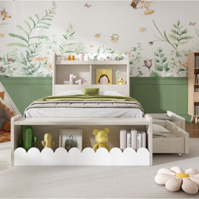 COVREO Lit enfant 90x190 cm avec 2 tiroirs étagères banquette de rangement et sommier à lattes blanc chêne clair