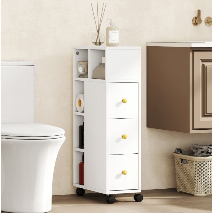 Meuble rangement salle de bain étroit à roulettes 3 tiroirs et 5 niches ouvertes blanc 40x20x80 cm ORVRYN