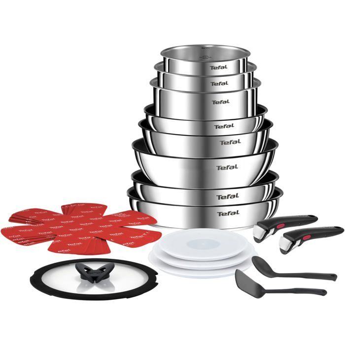 Ingenio Batterie Cuisine 20 Pièces Poêles Casseroles Wok Sauteuse Couvercles Poignées Amovibles Induction Inox