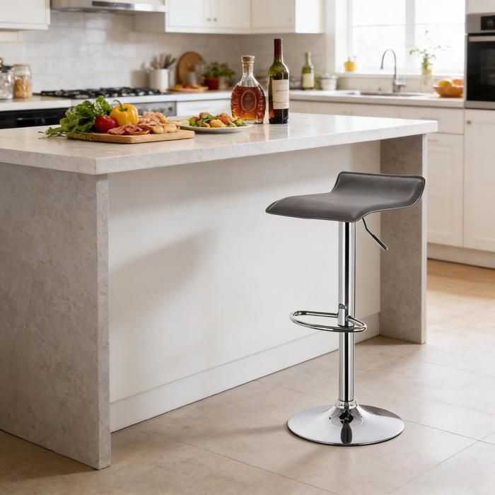 Tabouret de bar rotatif - Gris - Cuir synthétique - Acier chromé - Hauteur réglable 62-84 cm - Rotation 360°