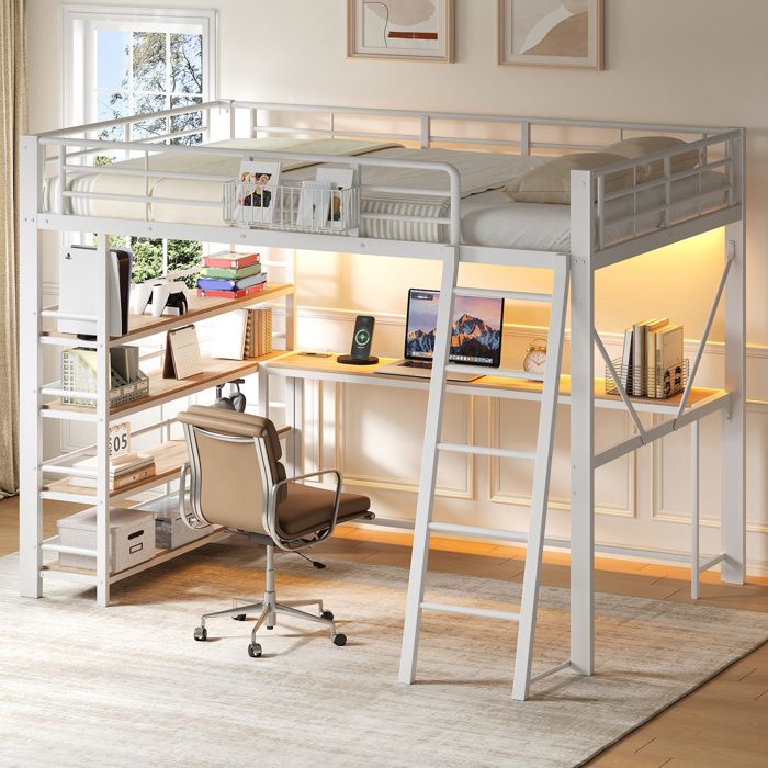 Lit mezzanine 140 x 200 cm en métal blanc avec bureau intégré 4 étagères panier de rangement USB et LED