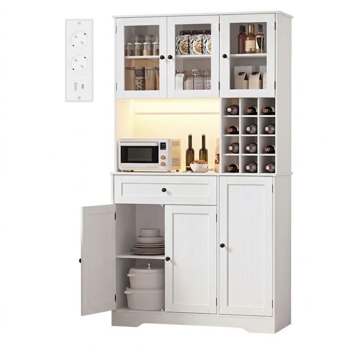 Buffet Haut Cuisine - Bealife - 6 Portes - 1 Tiroir - 1 Niche - Casier à Bouteilles Amovible - Armoire 180 - Meuble Rangement Blanc