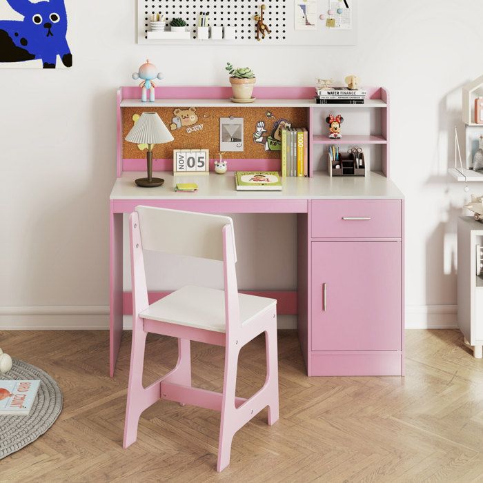 Blanc et rose bureau enfant avec chaise ergonomique rangement avec étagères et tiroir pour chambre