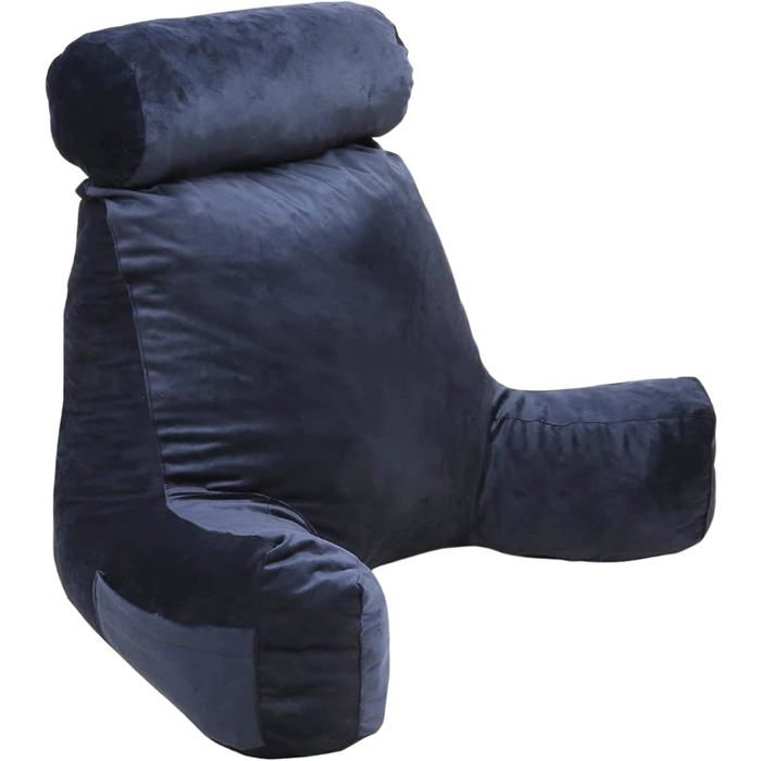 Coussin de lecture grand confort - fauteuil ergonomique mousse avec appui-tête accoudoirs et dossier en velours bleu