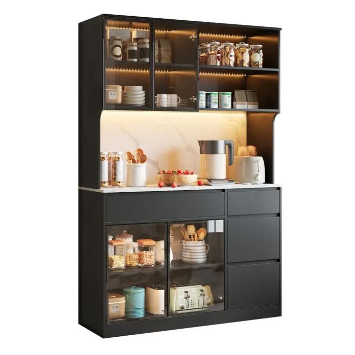 Buffet Haut Vitrine LED Noir Blanc Effet Marbre Armoire Rangement MDF Verre Meuble Moderne Salon Salle à Manger