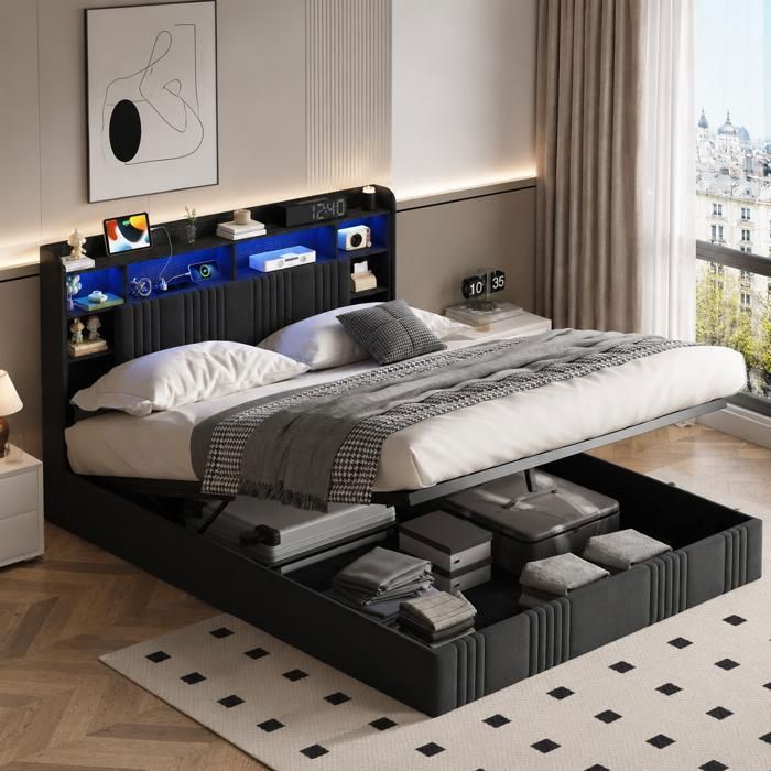 Lit Coffre 140x200 cm avec LED RGB et Ports USBTête de Lit Rembourré avec RangementSommier à Lattes et Levage HydrauliqueLin Gris