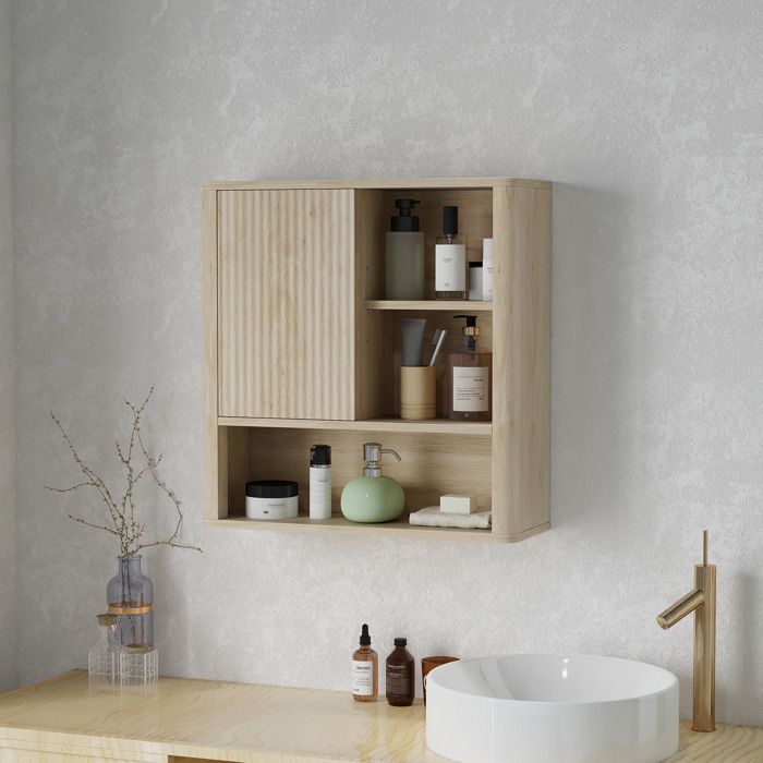 Armoire murale de salle de bain avec étagères réglables porte coulissante et rangements ouverts bois naturel Armoire murale de salle de bain avec étagères réglables porte coulissante et rangements ouverts bois naturel