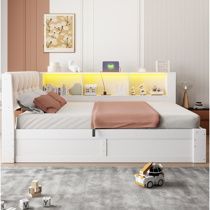 Lit 140x200 En Bois Blanc Daybed Moderne FloraGrace Pour Chambre Avec Rangement Hydraulique 209x165x83cm