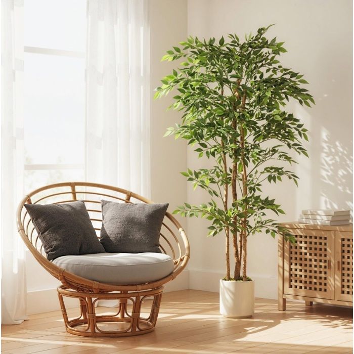 Plante artificielle verte 75 x 75 x 180 cm banyan en pot blanc feuillage réglable tronc en bois