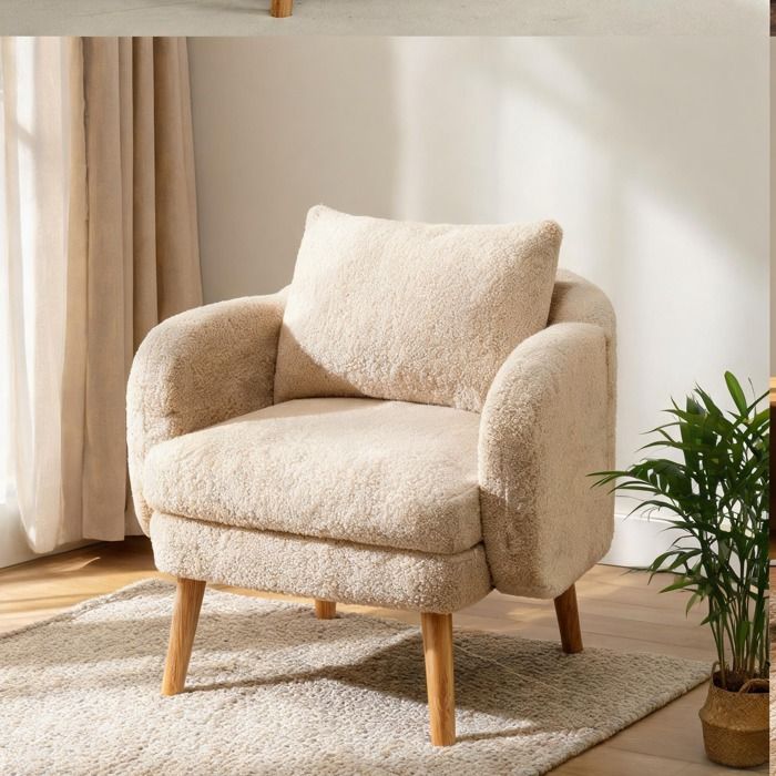 Fauteuil de relaxation beige-toné en Teddy velours structure bois massif coussin dossier et assise 14 cm