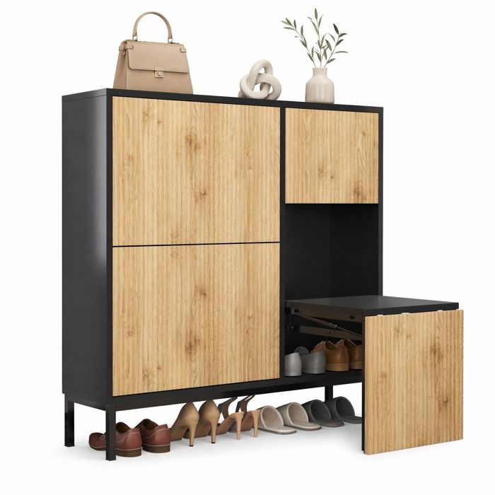 Meuble à chaussures 3 portes abattantes avec banc escamotable et rangement ouvert 100x25x100 cm MDF Noir FOLYNA