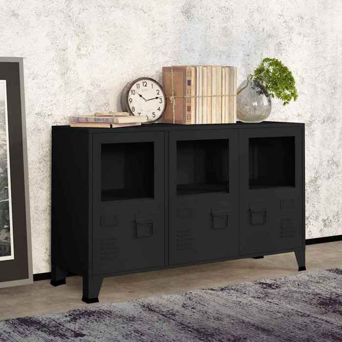 ELORAN Buffet bas Contemporain - Meuble Commode - Buffet industriel - Noir - 105x35x62 cm - Métal et verre 44410
