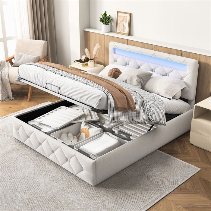 Lit 160x200cm - Lit coffre 160x200cm - Tête de lit avec LED réglable sommier relevable et rangement - Velours blanc