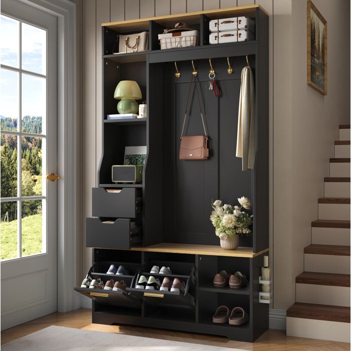MEUBLIV Meuble d’entrée avec banc rangement chaussures 5 crochets et LED réglable noir 100 x 32 x 186 cm
