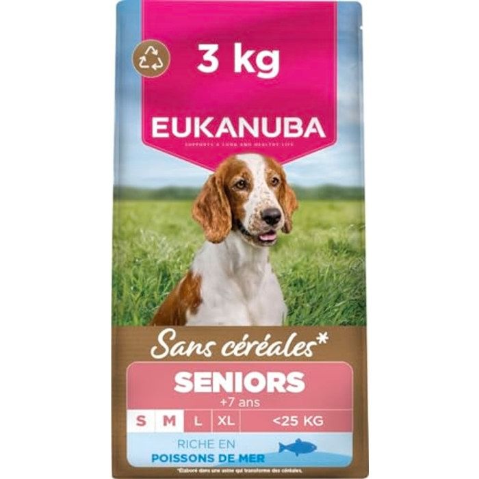 Croquettes chiens seniors - EUKANUBA - Small & Medium 3 kg - Sans céréales - Riche en poisson - Hypoallergénique