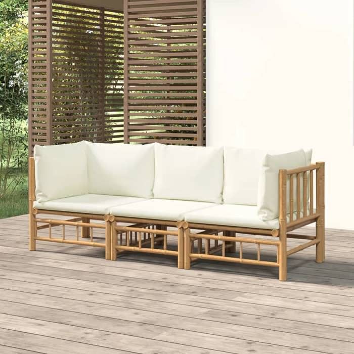 vidaXL Salon de jardin bambou blanc crème avec coussins mobilier extérieur 3 pièces terrasse