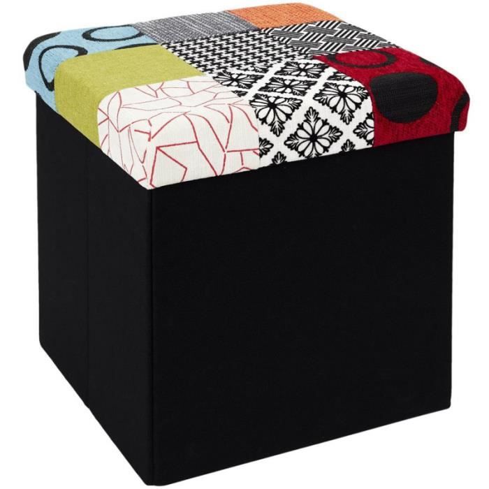 home deco factory hd6506 pouf coffre de rangement pliable carré patchwork multicolore et noir h38 x 38 x 38 cm