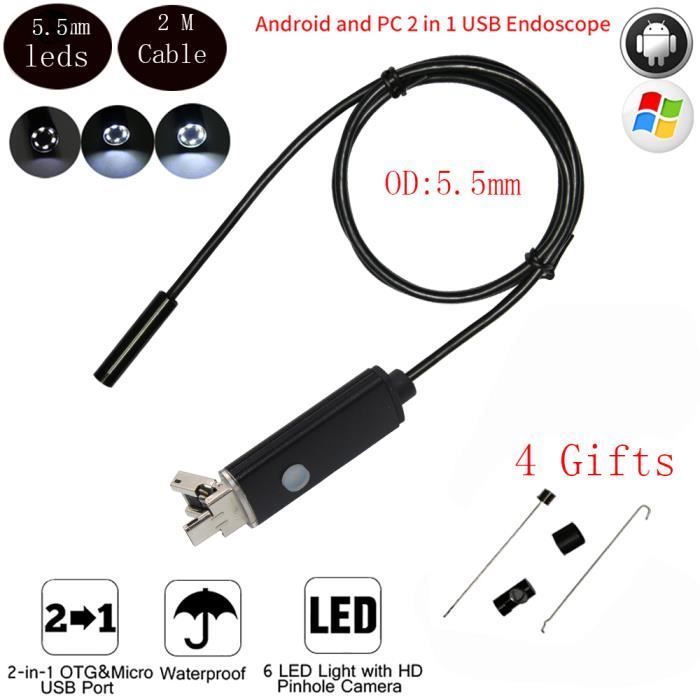 Okaywork Endoscope Caméra 5.5mm 8 LED IP67 - 5m Câble Pour Smartphone 3-en-1
