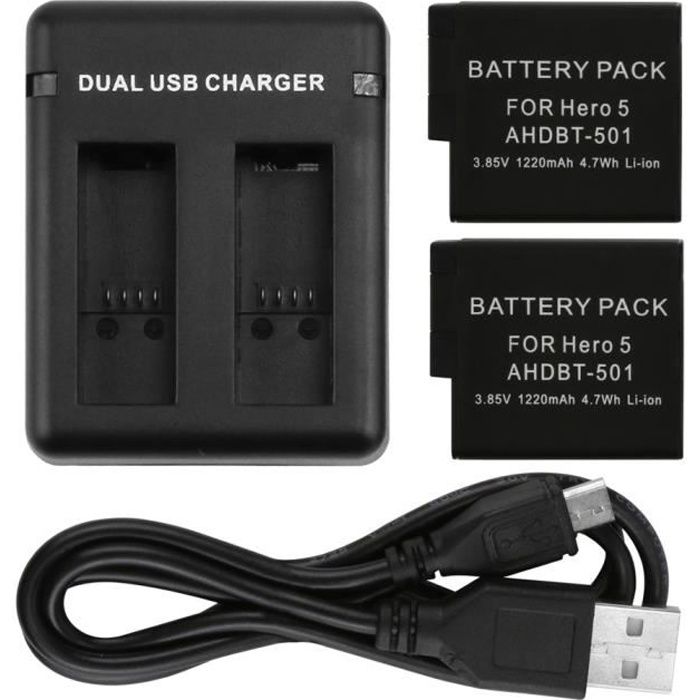 ®cBOX Pack 2 Batteries 1220 mah + Chargeur en double slot pour GOPRO Hero Black 5 6 7 8