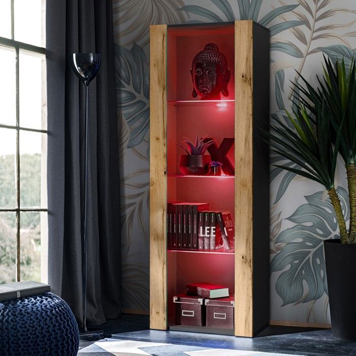 Vitrine Armoire Komodee TIVOLI - LED RVB - Bois naturel et Noir - 55 x 159 x 35 cm Vitrine Armoire Komodee TIVOLI - LED RVB - Bois naturel et Noir - 55 x 159 x 35 cm