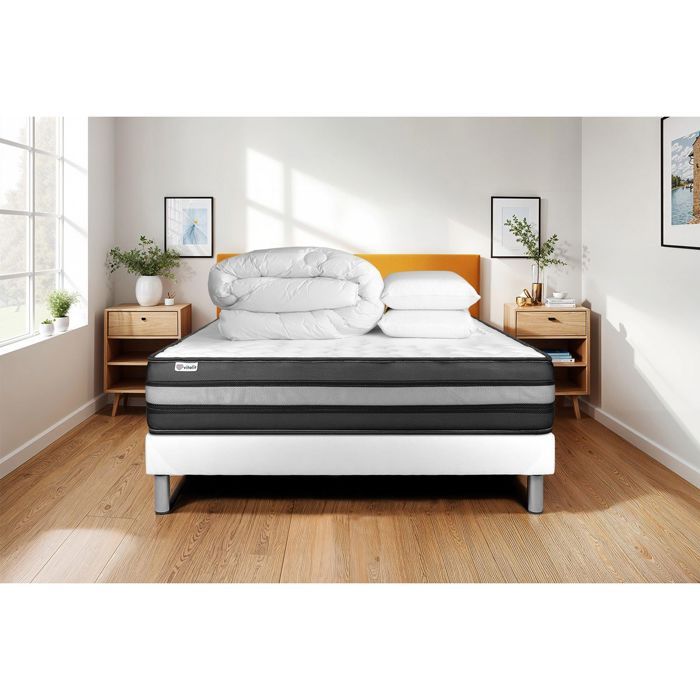 Pack lit complet 180x200 cm - Matelas + Sommier Blanc (en kit) + 2 oreillers + Couette - Vital Power Zen Blanc