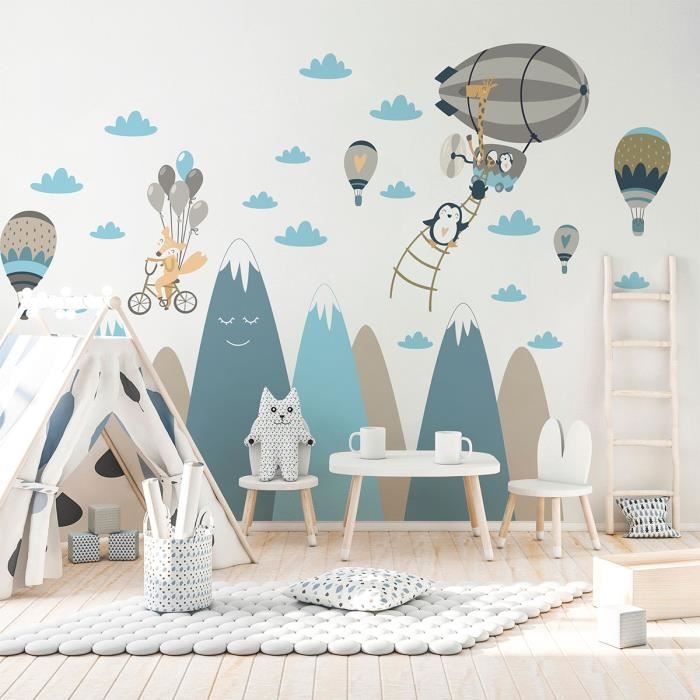 Stickers muraux enfants - Decoration chambre bébé - Autocollant mural géant  montagnes scandinaves et animaux en voyage - H50 x L90cm - Cdiscount Maison