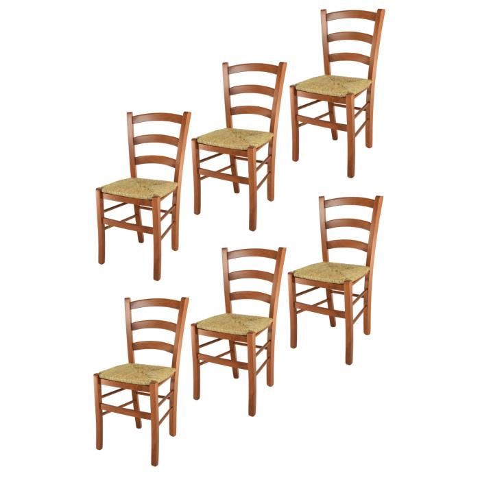 Tommychairs - Set 6 chaises cuisine VENICE robuste structure en bois de hêtre peindré en couleur cerisier et assise en paille