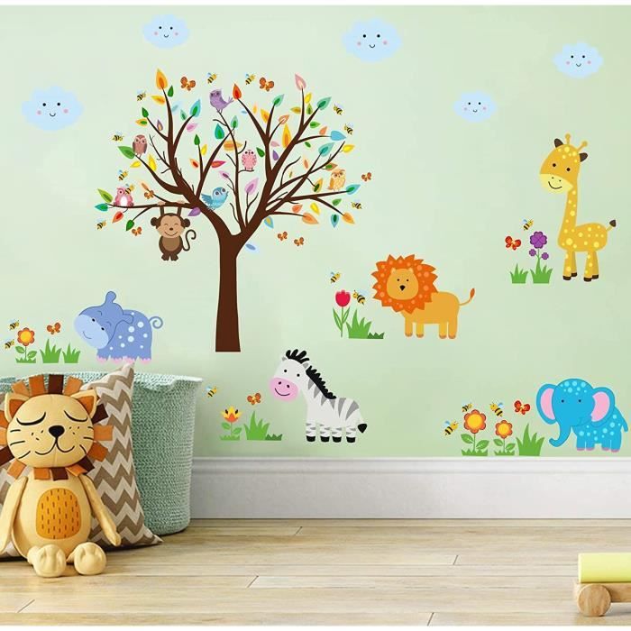 Sticker Animal Chambre Bebe Sticker Muraux Jungle Animauxfleurs Arbres De Chambre Garcon Filleamovibleanimal Foretsalon Decor Cdiscount Maison