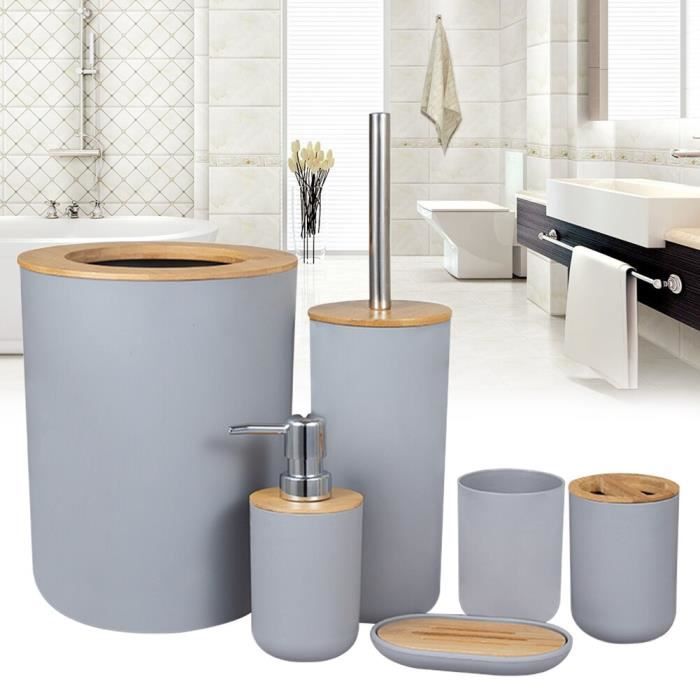 Accessoires salle de bai,Vaisselle poubelle tasse bambou en bois salle de bain  accessoires ensemble toilette brosse - Type Grey - Cdiscount Maison