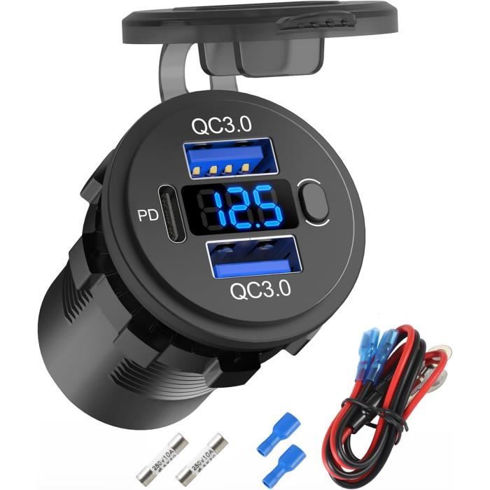 Prise USB Voiture Double Port Encastrable 12V/24V - USB-C PD3.0 30W + USB-A QC3.0 18W, Aluminium, Lot De 2, Pour Camping-car, Bateau, Voiture
