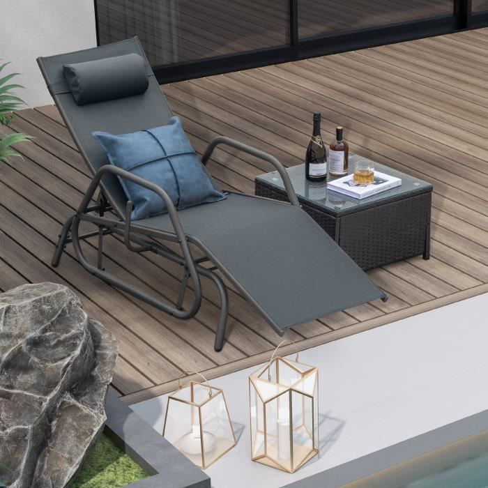 COSTWAY Chaise Longue de Jardin Inclinable Pliable avec 6 Dossier Réglable Auvent Rotatif 2 Roulettes Charge Max 150 kg Gris