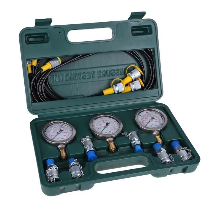 Kit Testeur De Pression Hydraulique - 3 Manomètres + Tuyaux + Raccords - Pour Engins De Chantier, Excavatrices - 9