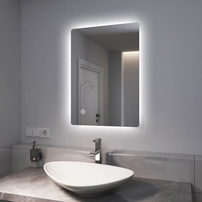EMKE Miroir de salle de bain LED 40 x 60 cm, petit miroir de salle de bain  avec fonction anti-buée, 2 couleurs de lumière blanc chaud/blanc froid,  bouton, miroir anti-explosion IP44 