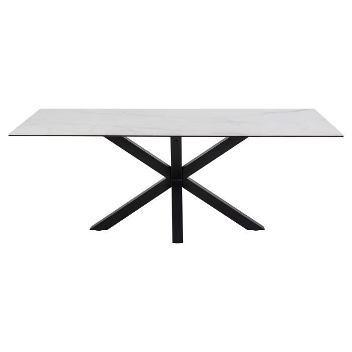 Table à manger Hennie, 200x100 cm, avec plateau blanc en céramique et pieds croisés en métal noir mat.