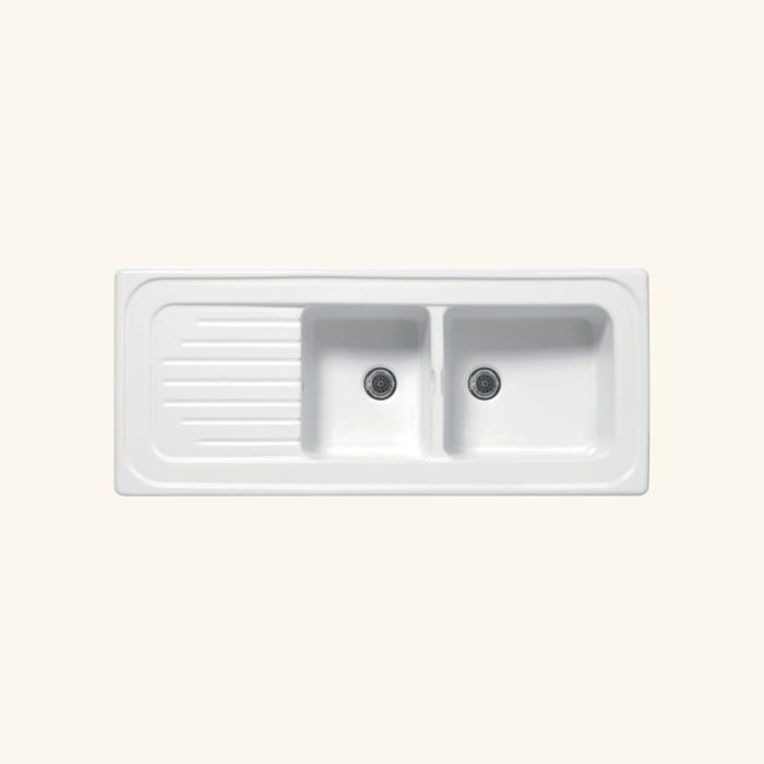 Evier céramique blanc Ewi IRÈNE à encastrer 2 bacs 1 égouttoir 500x1160