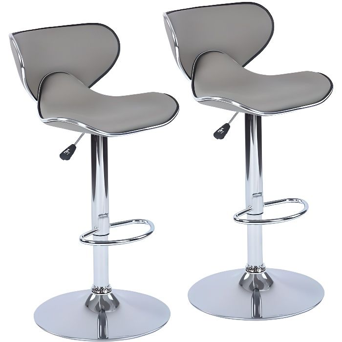 furniturer lot de 2 tabouret de bar chaise de bar hauteur réglable - simili gris - style contemporain, l 45 x p 49 cm