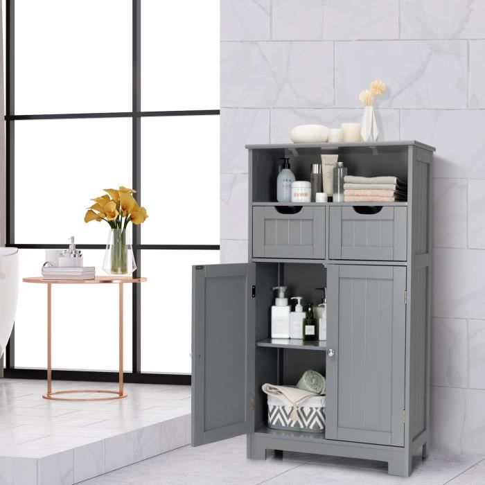 giantex meuble de salle de bain avec 2 portes et 2 tiroirs amovibles,armoire rangement pour cuisine/entrée/salon,60x30x109 cm,gris