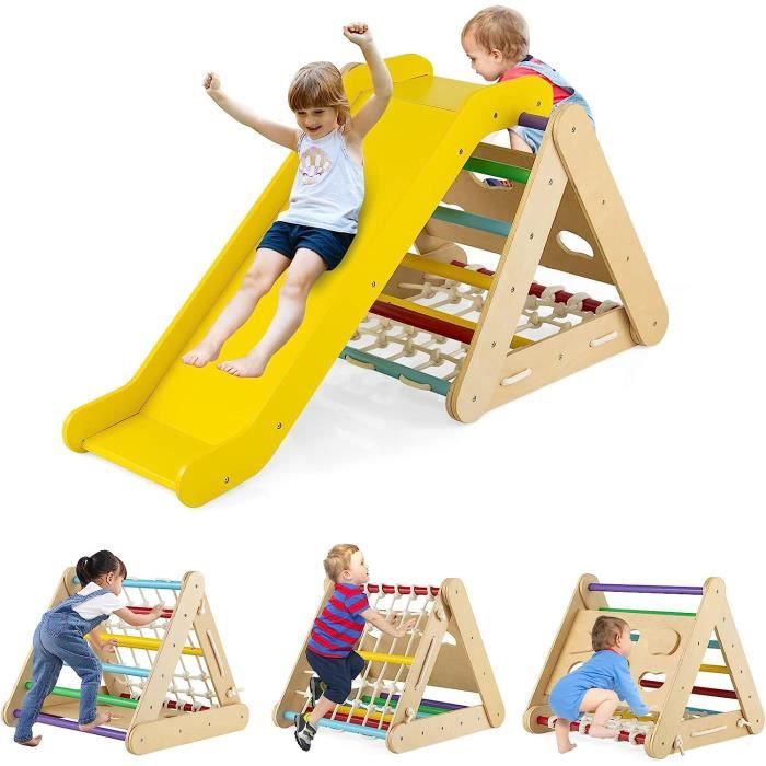 Triangle D'Escalade Enfant 3 En 1 Pliable - Échelle Grimpe Bois Avec Rampe Double, Motricité Et Équilibre 1+ An