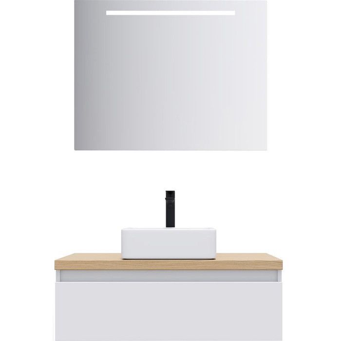 Meuble de salle de bain suspendu vasque à poser 90cm 1 tiroir Blanc + miroir - Hudson