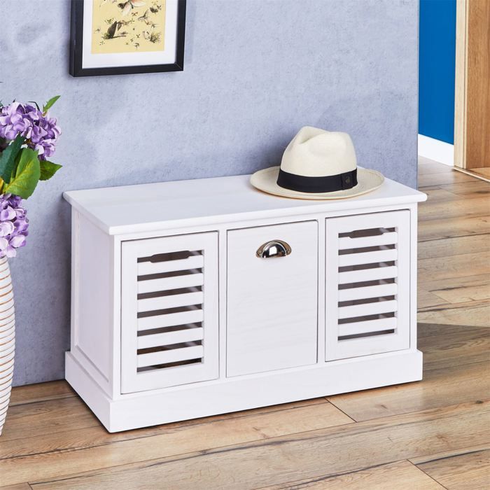Banc de rangement TRIENT meuble bas coffre et 3 caisses de rangement en MDF et bois de paulownia blanc Banc de rangement TRIENT meuble bas coffre et 3 caisses de rangement en MDF et bois de paulownia blanc