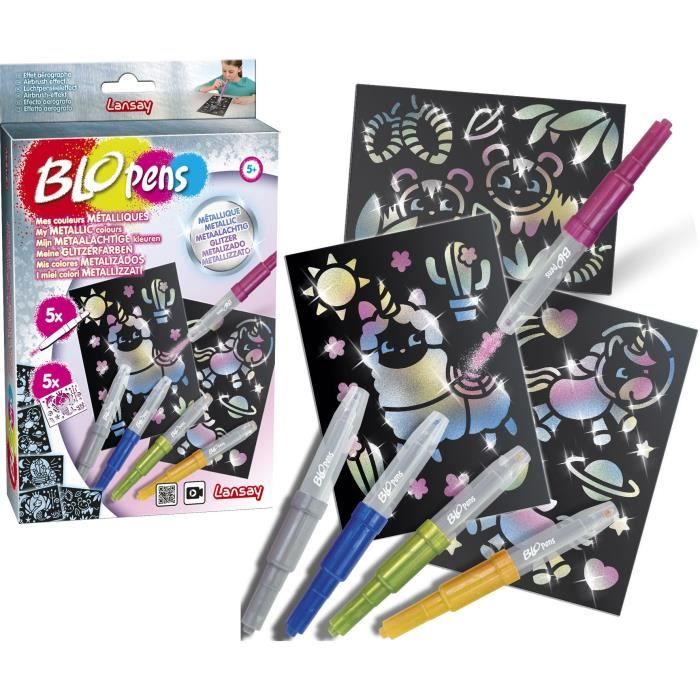 BLOPENS Magic - Kit de Dessin à Souffler - 5 Feutres, 5 Pochoirs et Feuilles - Créations