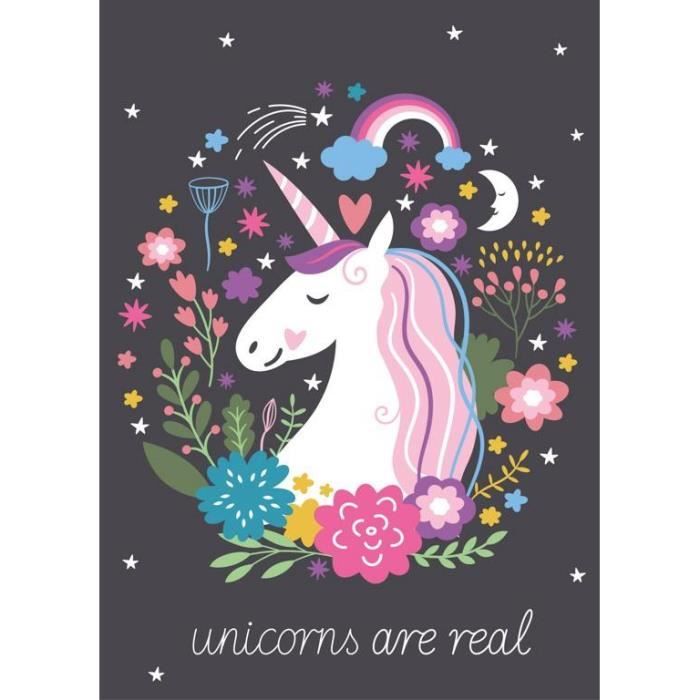 Plaid - LICORNE - 100x140 cm - Polaire enfant - Motif unicorns are real - Rose/noir