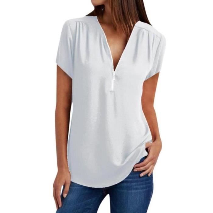 Femmes Hauts Casual Shirt dames col en V Fermeture a glissiere en