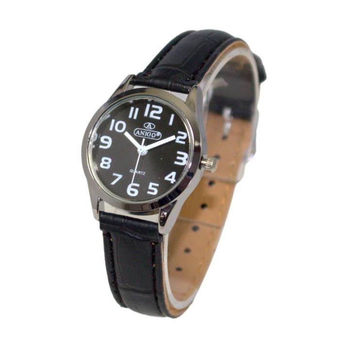 montre femme classique cuir noir chiffres clairs cadran argenté