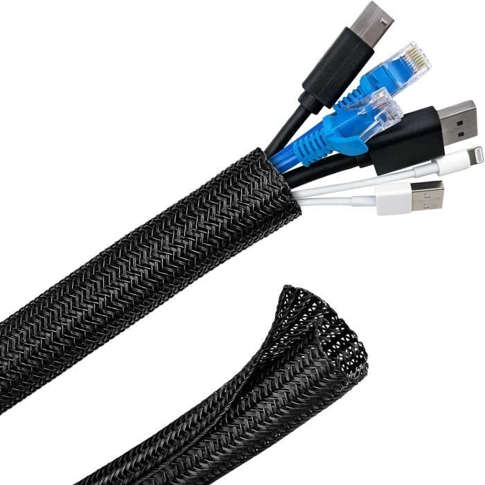 Gaine Câble Auto-bloquante Tissée - 3 M, Noir, Diamètre 13-20 Mm, Pour Cacher Fils TV, Bureau, Extérieur