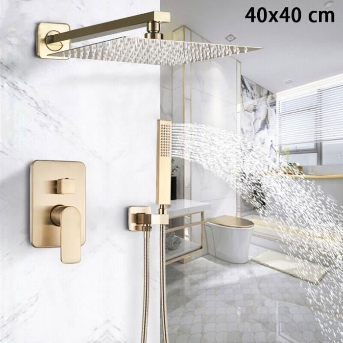 Suguword Colonne de Douche Encastrée or brossé Lation-Ensemble Douche Encastrable Technologie d'injection-Tête de douche carrée 40cm